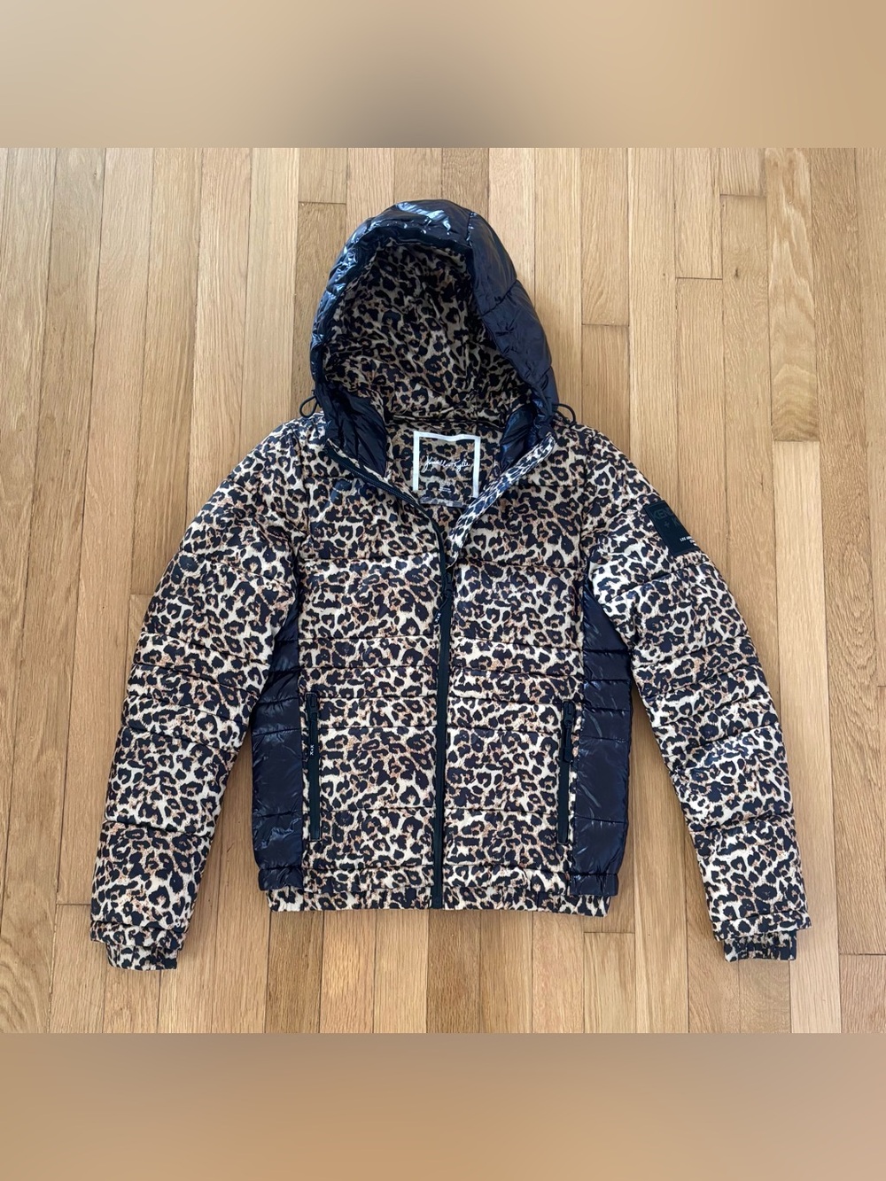 Leopard Puffer Jacket Womens XS Animal Print Black Hooded Coat Kendall Kylie